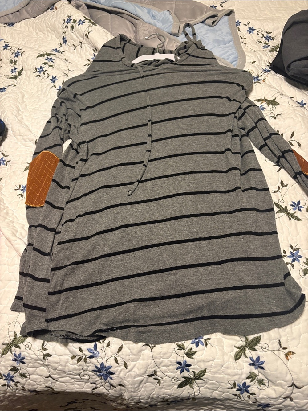 Modern Vintage Gray & Black Striped Zip-Up Hoodie with Brown Elbow Patches